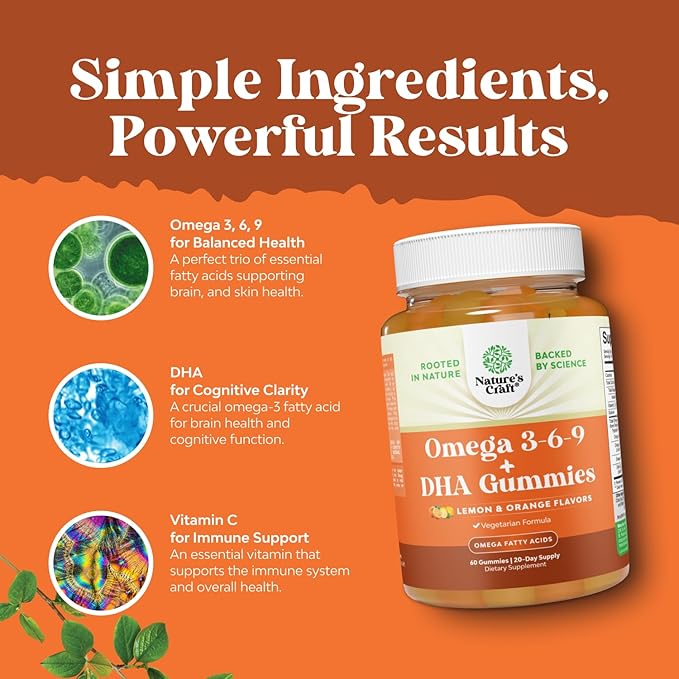 Omega 3 Gummies for Adults - Vegetarian Omega 3 6 9 DHA Gummies for Brain Bone and Heart Health and Joint Support - Burpless Fish Free Plant Based Supplement Men Women - 60 Count