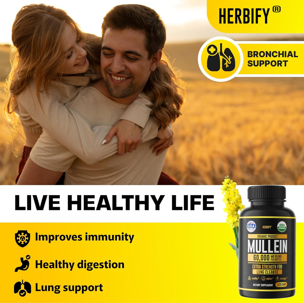 HERBIFY Mullein Capsules - Lung Cleanse - Leaf Extract - Powerful Mullein for Immune Support, Detox & Respiratory Support - Made in USA - Herbal Supplements - 120 Capsules