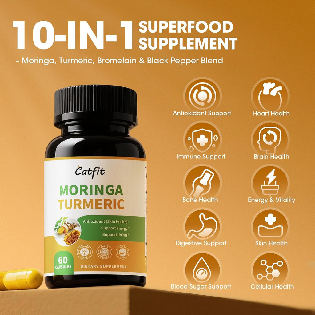 Moringa Capsules with Turmeric Curcumin for Joint, Energy & Gut Support – Moringa Powder with Bromelain & Black Pepper, Superfood Supplement for Men & Women – Vegan, Non-GMO & Gluten-Free, 60 Ct