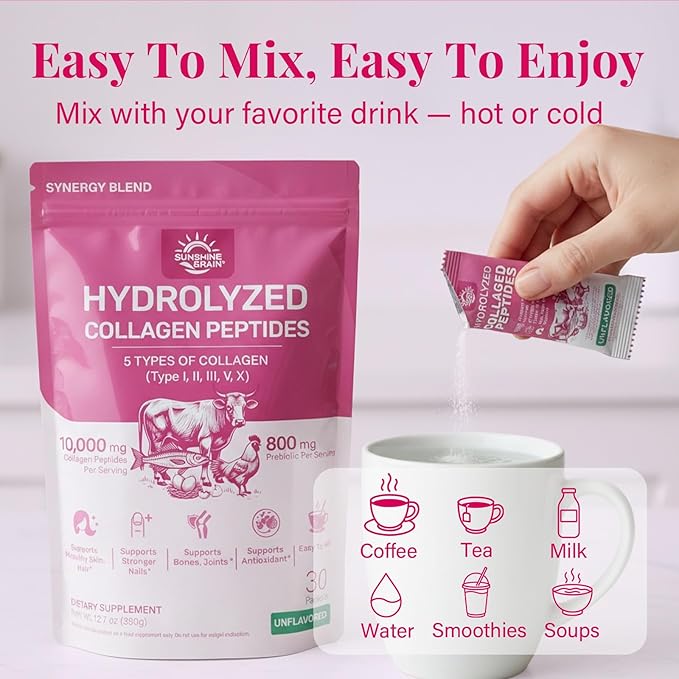 Multi Collagen Peptides Powder - 10g Hydrolyzed Collagen Peptides Type I, II, III, V & X with Biotin, Hyaluronic Acid & Prebiotics, Support Hair, Skin, Nail, Bone & Digestive Health, Non-GMO丨30 Sticks