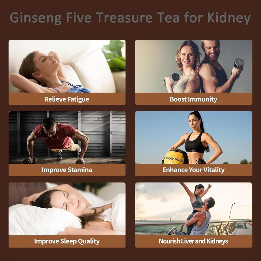 Ginseng Five Treasure Tea, 20 Teabags, Kidney Tea Formula Ginseng Six Treasure Traditional Chinese Herbal Tea Detox for Men & Women