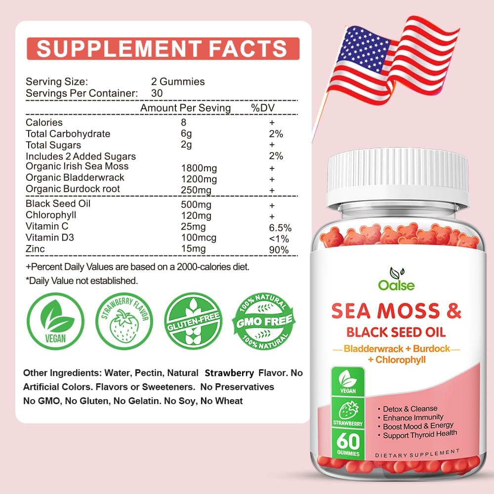 Sea Moss Gummies for Adults Kids with Chlorophyll, Bladderwrack, Burdock Root, Blck Seed Oil, Vitamin C & D3, Zinc, 8-in-1 Potent Formula Supports Immune System & Boost Energy (1-Pack)
