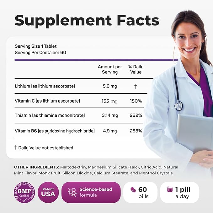 Brain Supplement for Memory & Focus – Lithium Ascorbate 5mg (Alternative to Lithium Orotate 5mg) – Brain Health, Mood & Stress Support – 60 Fast-Melt Tablets
