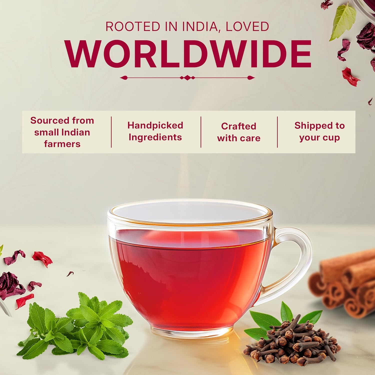Tealeaf & Co. Sweet Hibiscus Cinnamon Green Tea with Hibiscus, Cinnamon, Stevia & Clove - Green Tea Bags with Fresh Herbs and Spices (Low Caffeine) - 100 Teabags