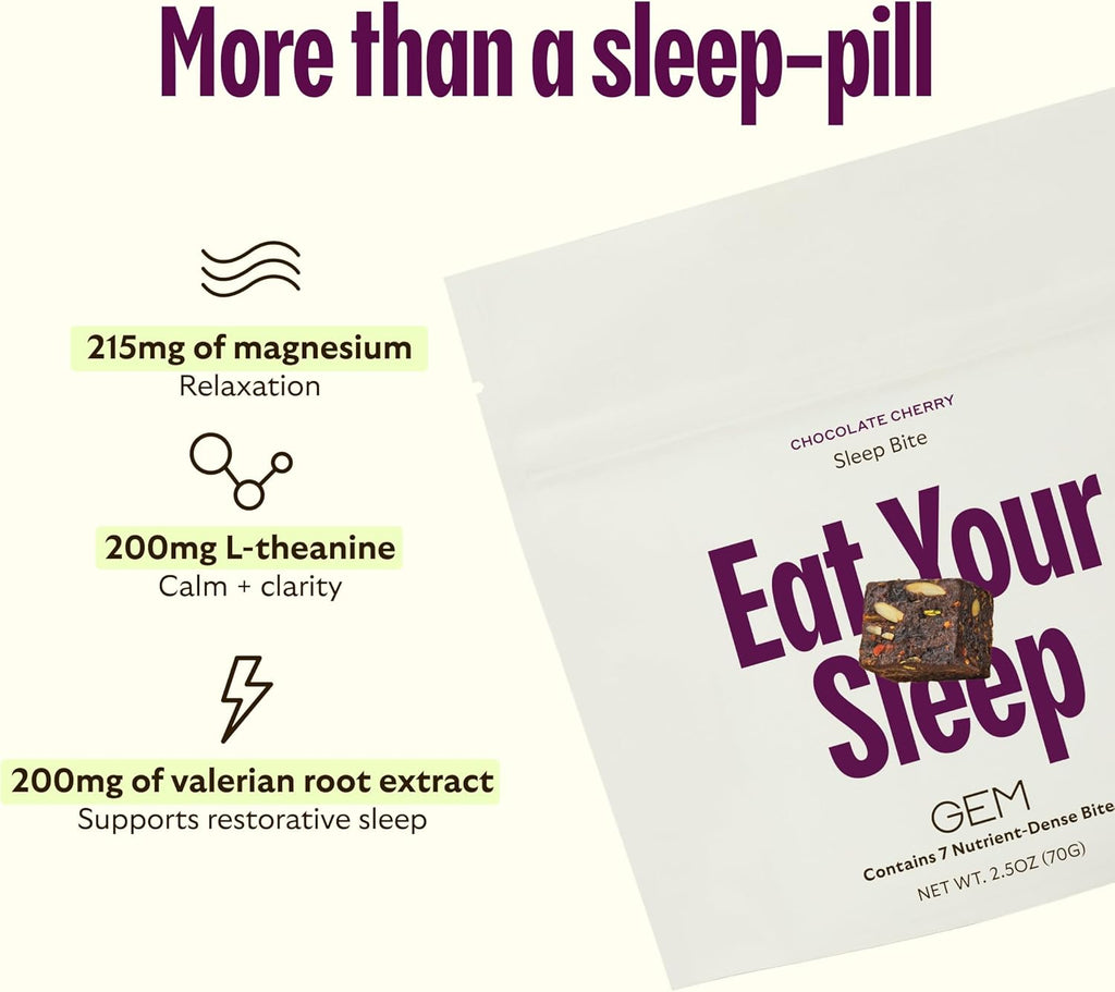 GEM Sleep Aid, Nighttime Bite, 7 Pack, Melatonin Free, L-Theanine, Magnesium, Valerian Root Extract | Vegan and Gluten Free | Earthy Chocolate Cherry, Trial Size (7 Pack)