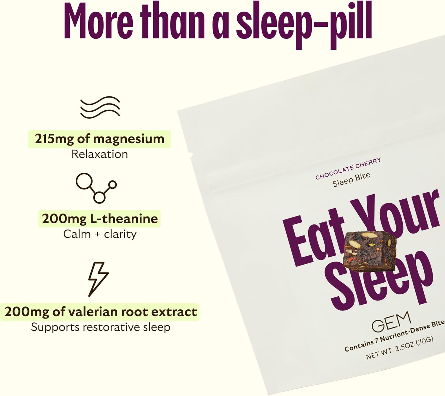 GEM Sleep Aid, Nighttime Bite, 7 Pack, Melatonin Free, L-Theanine, Magnesium, Valerian Root Extract | Vegan and Gluten Free | Earthy Chocolate Cherry, Trial Size (7 Pack)