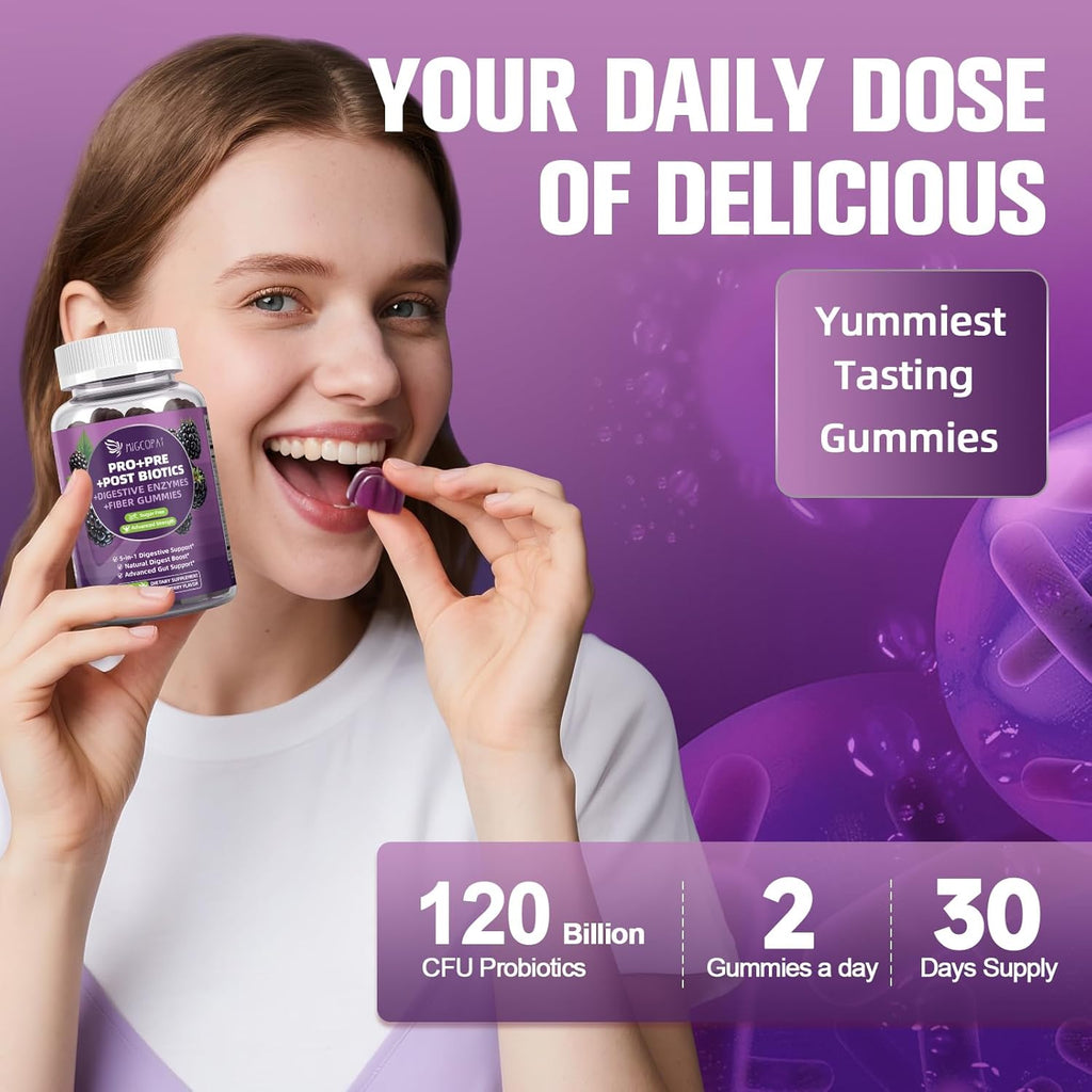 Pre Post Probiotics Gummies, 5 in 1 Probiotic Prebiotic Postbiotic Digestive Enzymes with Fiber, 120 Billion CFU Probiotics for Gut Health, Sugar Free, Vegan, BlackBerry Flavor, 120 Cts