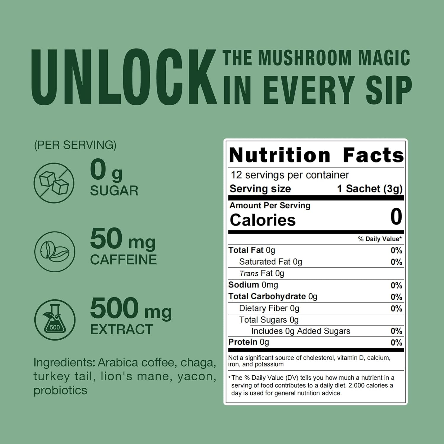 ECO-TASTE Mushroom Coffee Mix, Designed for Gut-Health with Chaga, Lion's Mane, Turkey Tail, Yacon and Probiotics – 12 Sachets