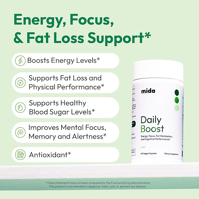 Mida Health® Daily Boost 3-in-1 Weight Loss, Energy, Focus Support for Women & Men | 7-Keto DHEA Thermogenic with Natural Caffeine, CoQ10, B12, Ginkgo, Ginseng, L-Theanine, Folate | 90 Capsules