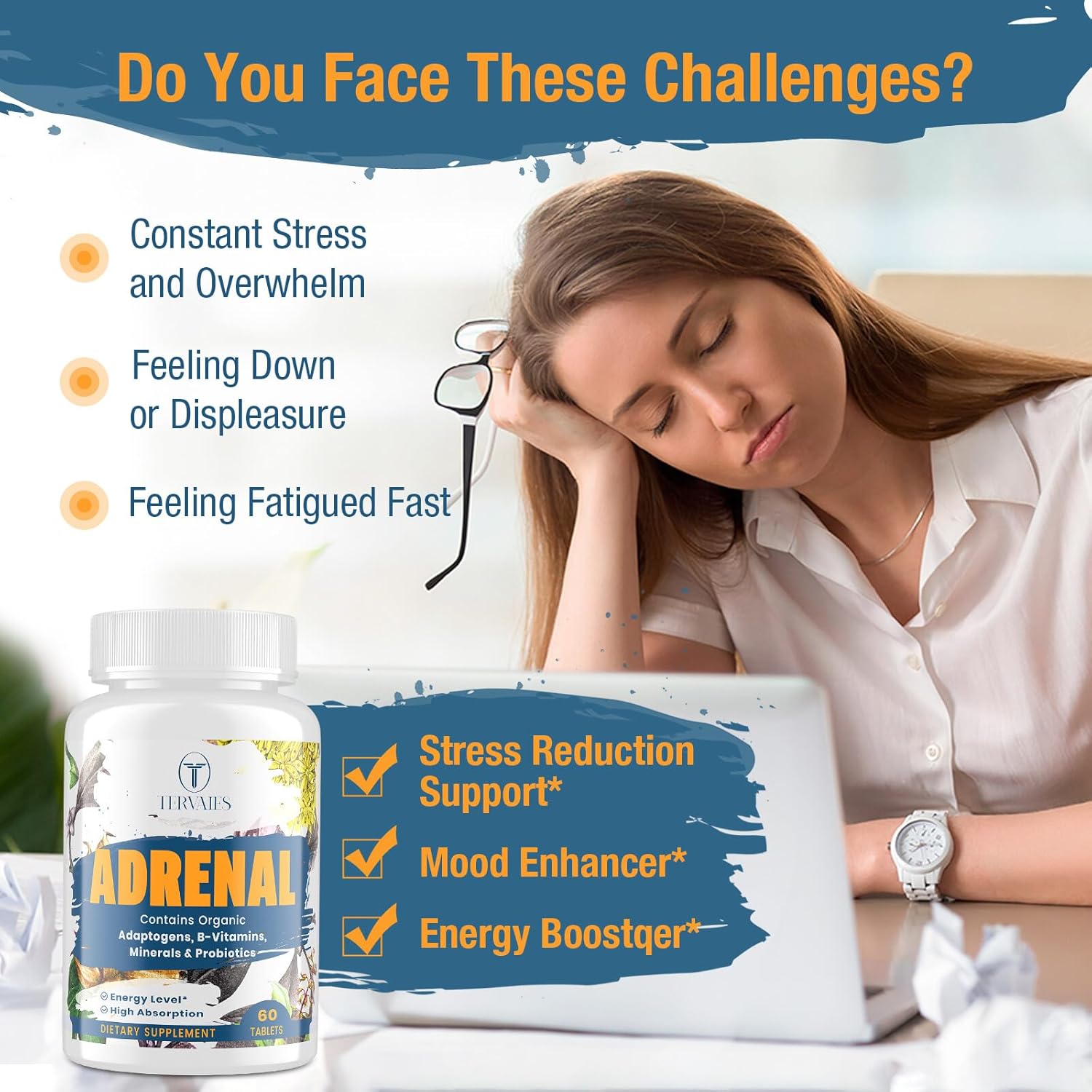 Adrenal Support Adaptogens Herbs Supplements - Cortisol Supplement with Rhodiola Rosea, Ashwagandha, Holy Basil and Eleuthero-Mood and Energy Support for Women & Men-Non-GMO, 60 Vegan Tablets