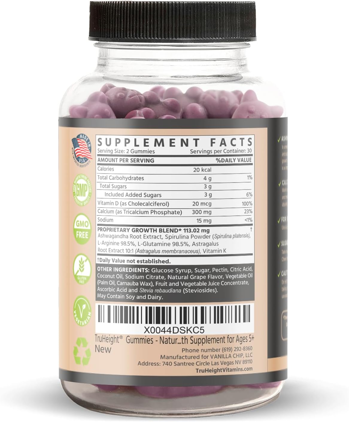 TruHeight Growth Gummies (Grape) Natural Growth & Development Supplement for Kids & Teens - Vitamin D, K, Calcium & Ashwaganda - Bone Strength Vitamins, Picky Eater Vitamin for Kids, Ages 5+ Pack of 2