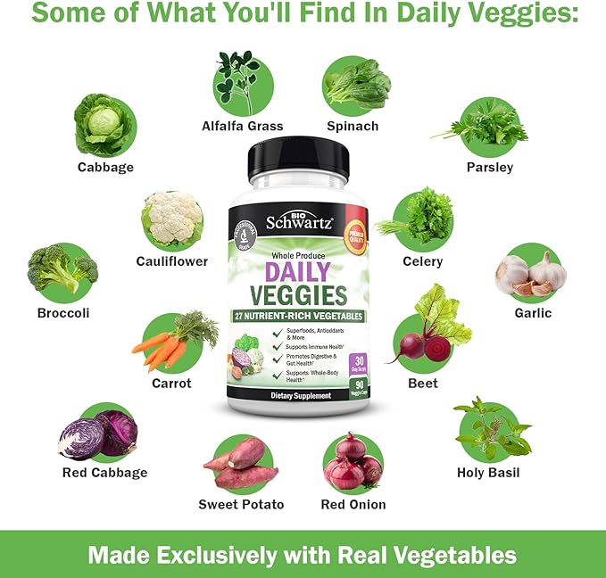 Daily Fruits and Vegetables Supplement for Adults - Super Fruit and Veggies Capsules for Enhanced Energy Gut Health Immune Support & Overall Wellness with 47 Whole Food Fruits and Veggies - 1 Month