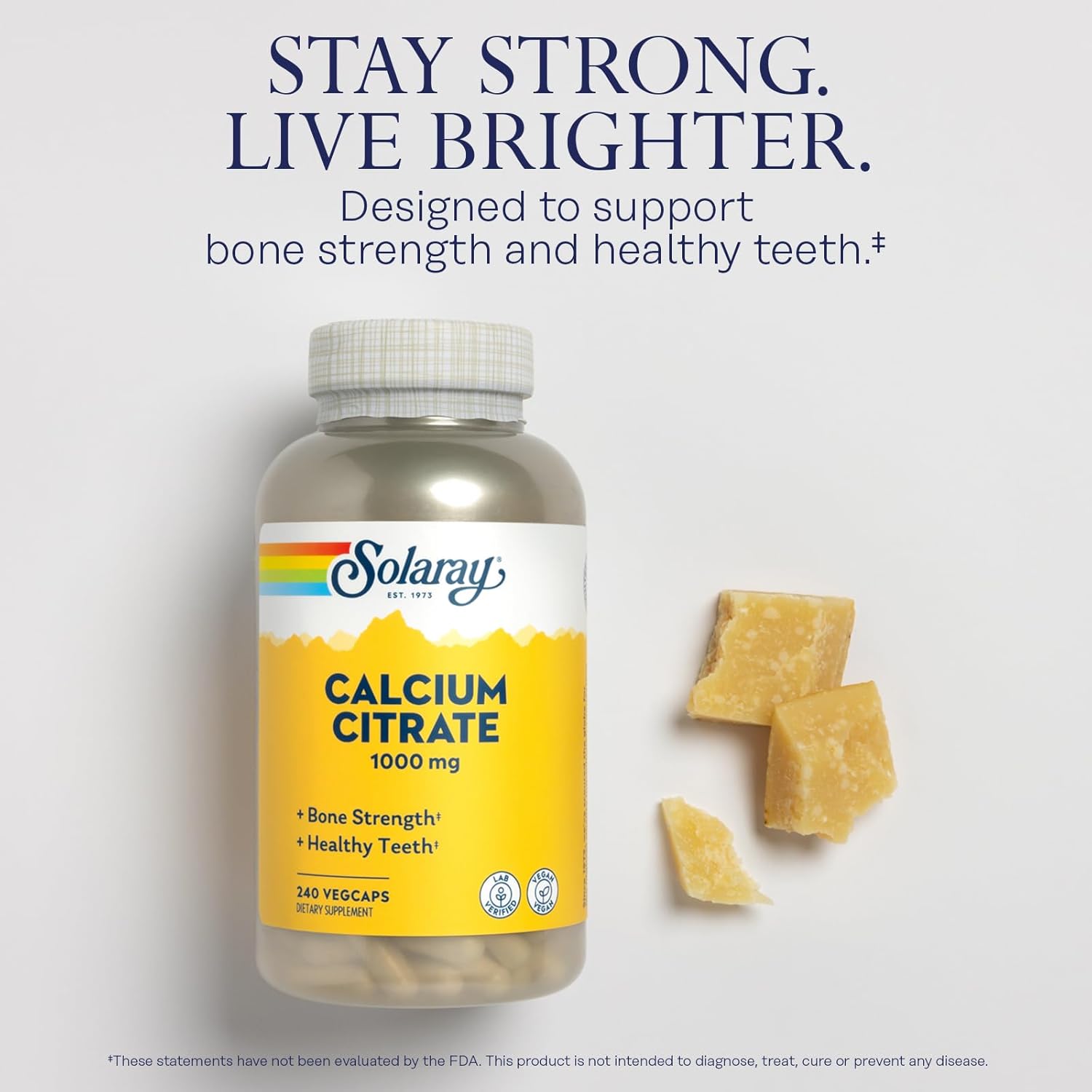 Solaray Calcium Citrate 1000mg - Chelated Calcium Supplement - Supports Bone Strength and Healthy Teeth - Easy to Digest - 60-Day Guarantee, Vegan - 60 Servings, 240 VegCaps