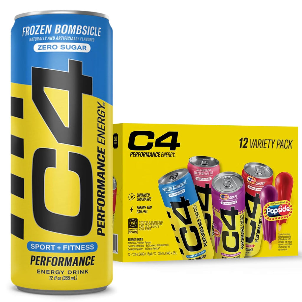 Cellucor C4 Energy Drink POPSICLE Variety Pack, Carbonated Sugar Free Pre Workout Performance Drink, 4 Flavors - Grape & Cherry Popsicle, Strawberry Watermelon Ice, Frozen Bombsicle, 12 Oz Pack of 12