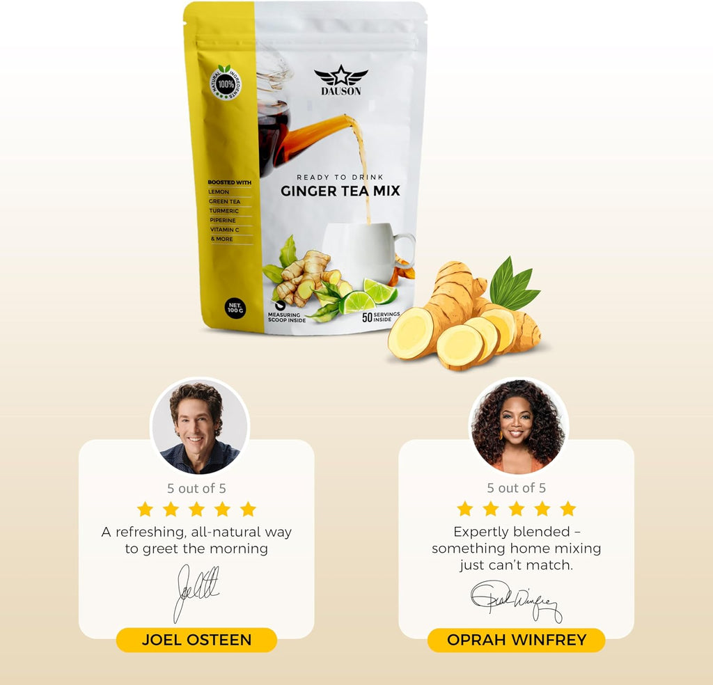 Ginger Turmeric Herbal Tea Mix – 50 Servings - Refreshing Blend of Lemon, Licorice, Decaf Green Tea, Vitamin C – Caffeine-Free, Vegan, Gut-Friendly Detox Tea - Powder