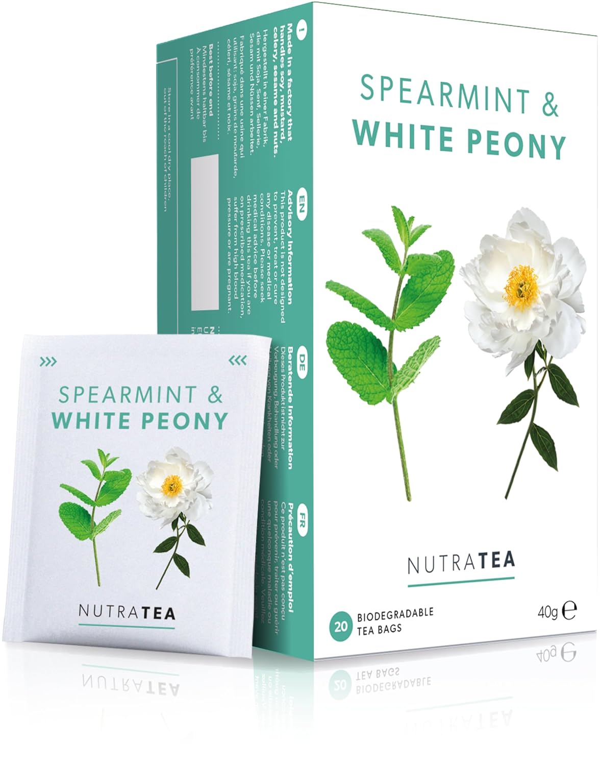Nutra Tea - Spearmint & White Peony – Spearmint Tea, PCOS Tea - For Digestion, Women's Health & Acne - 20 Individually Wrapped Bags - Herbal Infusion (1 Pack)
