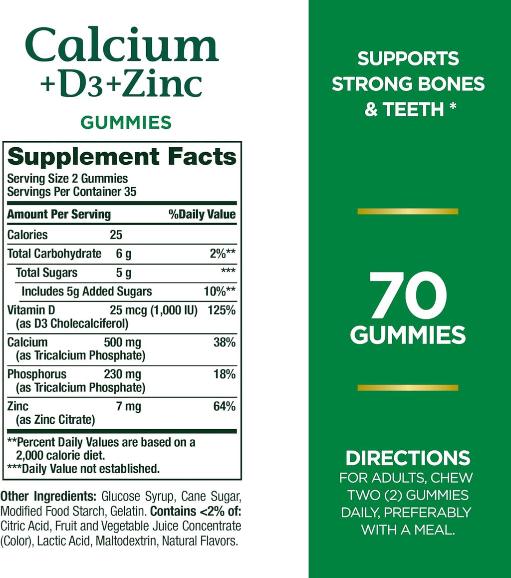 Nature's Bounty Calcium + D3 + Zinc Gummies, Supports Strong Bones & Teeth Plus a Healthy Immune System, 500mg, Orange and Cherry Flavored, 70 Gummies