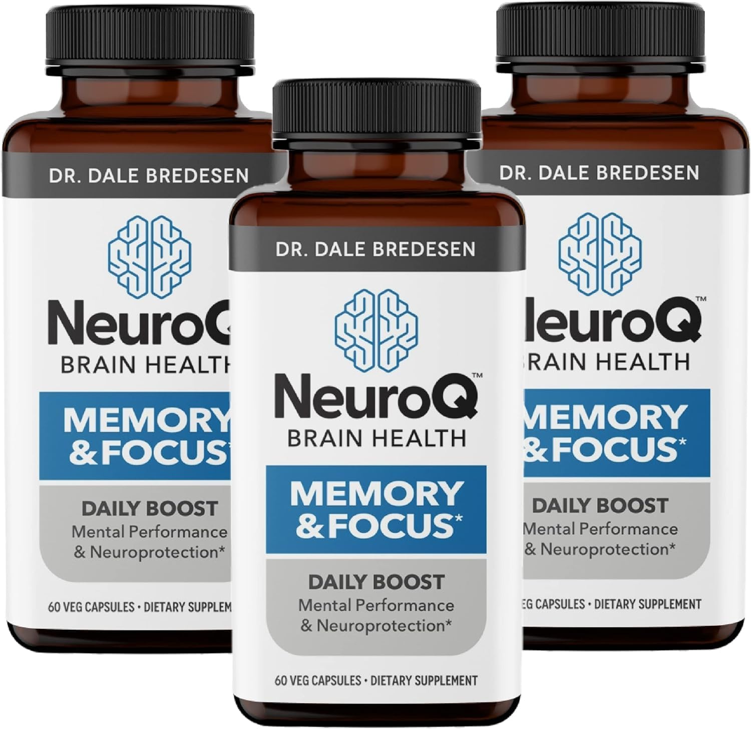 NeuroQ Memory & Focus - Boosts Cognitive Performance & Brain Function - Neuroprotective Formula by Dr. Dale Bredesen - Gotu Kola Ginkgo Phosphatidylserine & Propolis - 60 Capsules (Pack of 3)