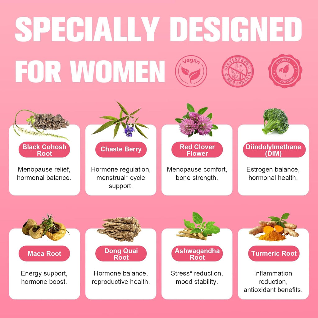 40-in-1 Menopause Supplements for Women, Multibenefit & Complete Black Cohosh for Hot Flashes, Night Sweats & Hormone Balance, w/ Probiotics, DIM, Vitex, Dong Quai, Red Clover and More, 120 Vegan Caps