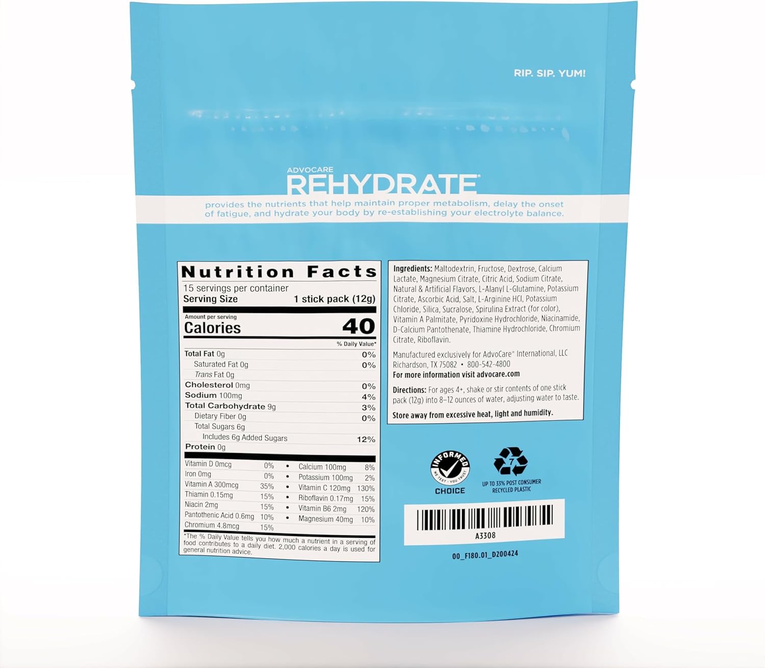 AdvoCare Rehydrate - Electrolyte Drink Mix - Includes Magnesium, Sodium, Potassium & Calcium - Antioxidant & Amino Acid Fortified - Hydration & Recovery - Berry Lemon Ice, 15 Stick Packs (6.3 oz)