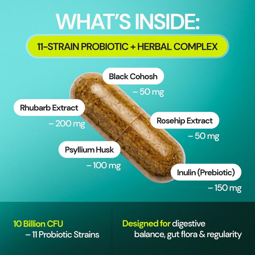 Herbal Cleanse Support - Botanicals & 11-Strain Probiotic Blend - Supports Digestion, Bowel Movements, Gut Balance & Regularity - 60 Veggie Capsules