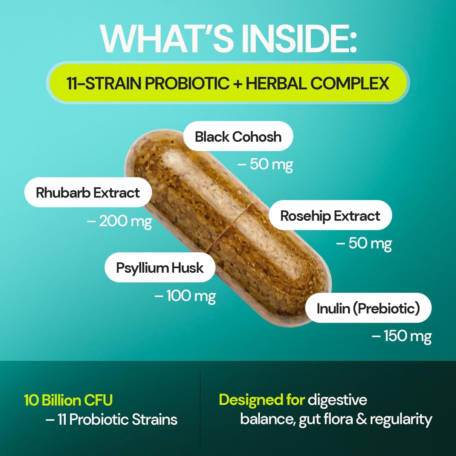 Herbal Cleanse Support - Botanicals & 11-Strain Probiotic Blend - Supports Digestion, Bowel Movements, Gut Balance & Regularity - 60 Veggie Capsules