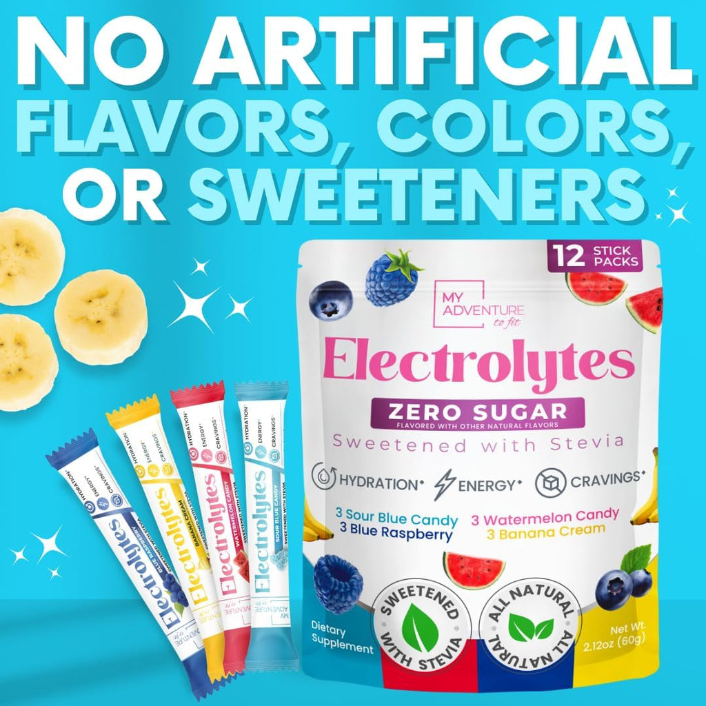 My Adventure to Fit Electrolytes Powder Packets – 12 Sugar-Free Hydration Packets, Potassium Supplement, Watermelon Candy, Blue Raspberry, Banana Cream, Sour Blue Candy – Zero Sugar, Keto Electrolytes