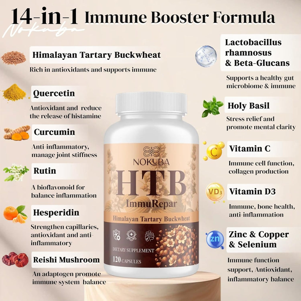 Immune Support Supplement Himalayan Tartary Buckwheat with Quercetin, Zinc, Vitamin C, D3, Curcumin for Immune Booster & Inflammatory Balance & Antioxidant & Gut - 120 Vegan Capsules