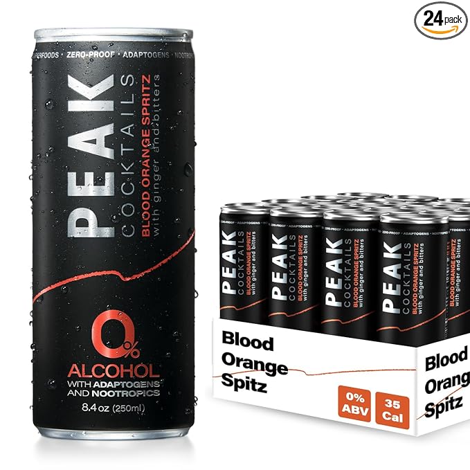 Peak Cocktails Non-Alcoholic Cocktail | Adaptogens, Nootropics, Superfoods for Recovery, Calm, Sleep | Ashwagandha, Tart Cherry, L-Theanine | Mixologist-crafted | Blood Orange Spritz | 8.4 oz, 24-Pack