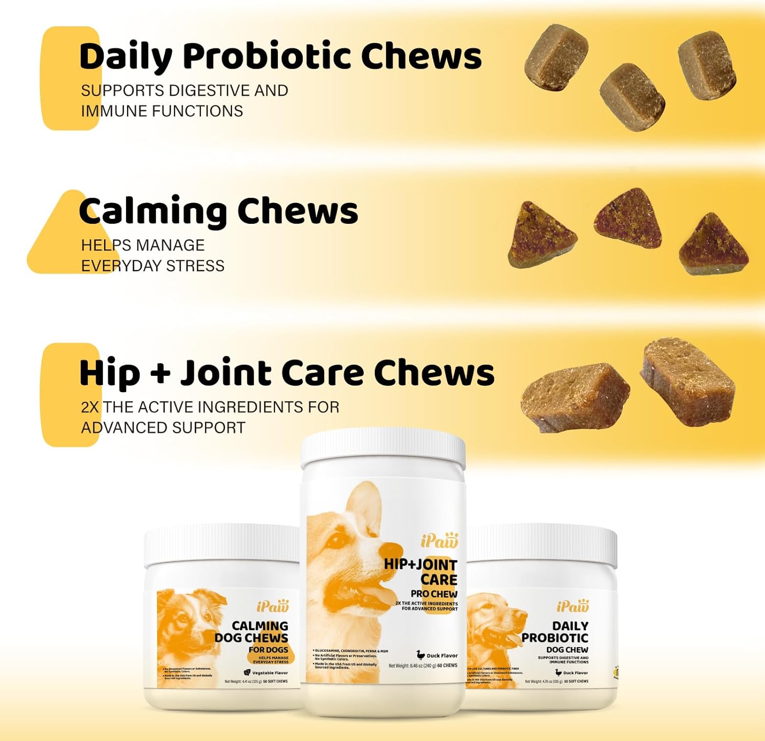 iPaw Calming Chews for Dogs, Calming Dog Treats, Separation Anxiety Relief Calming Care, Manage Everyday Stress for Puppy, Made in USA, Vegetable Flavor (50 Chews)