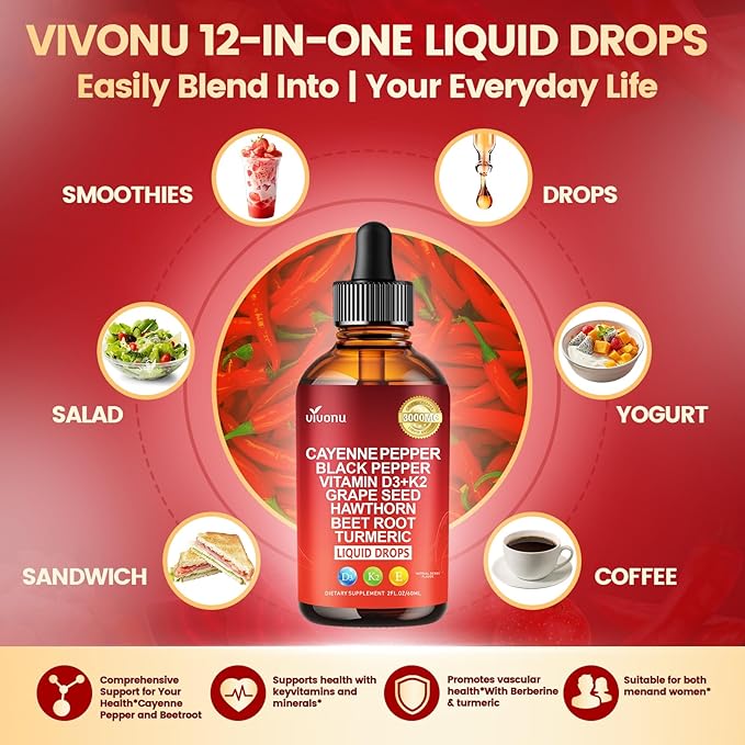 12 IN 1 Cayenne Pepper Drops Supplement, Liposomal Tech 98% Absorption, Supports* Leg Vein, Heart & Blood Vessel* Health, with Vitamin E D3+K2 & Extracts of Grape Seed, Hawthorn, Beetroot, Berberine
