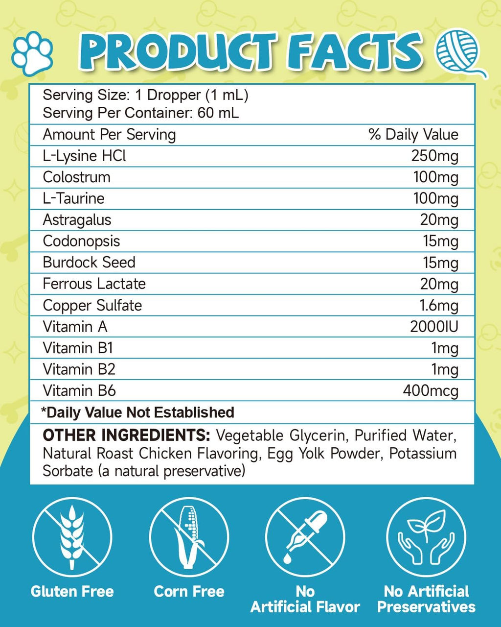L-Lysine for Cats,Lysine Drops Immune Support Supplement,Sneezing,Cold,Allergy Relief,Runny Nose,Feline Respiratory,Natural Antibiotics for Cats with Colostrum,Taurine (Roast Chicken Flavor/2floz)