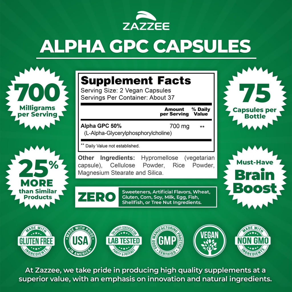 Zazzee Extra Strength Alpha GPC Choline, 700 mg per Serving, 75 Vegan Capsules, 100% Pure Pharmaceutical Grade, 100% Vegetarian, Standardized for Potency and Purity, All-Natural and Non-GMO