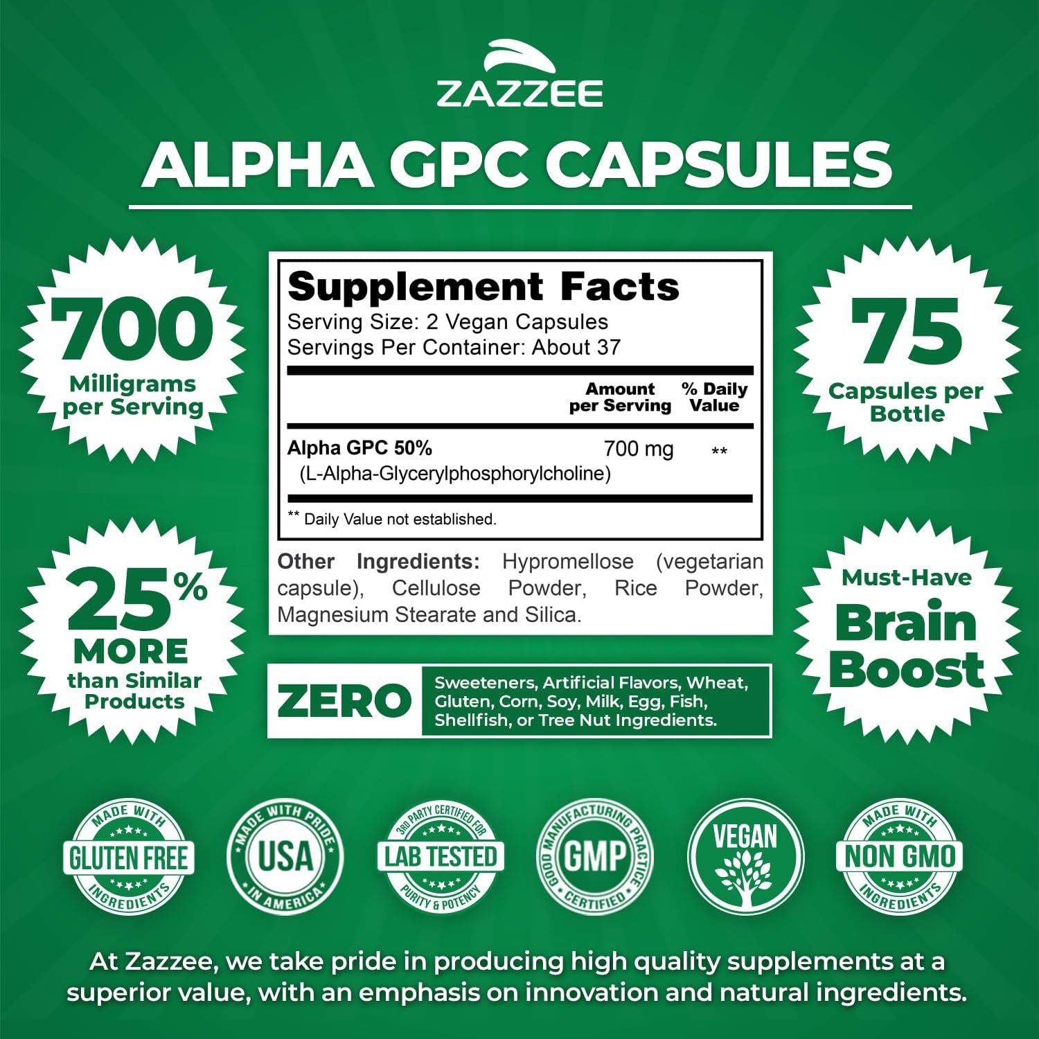 Zazzee Extra Strength Alpha GPC Choline, 700 mg per Serving, 75 Vegan Capsules, 100% Pure Pharmaceutical Grade, 100% Vegetarian, Standardized for Potency and Purity, All-Natural and Non-GMO