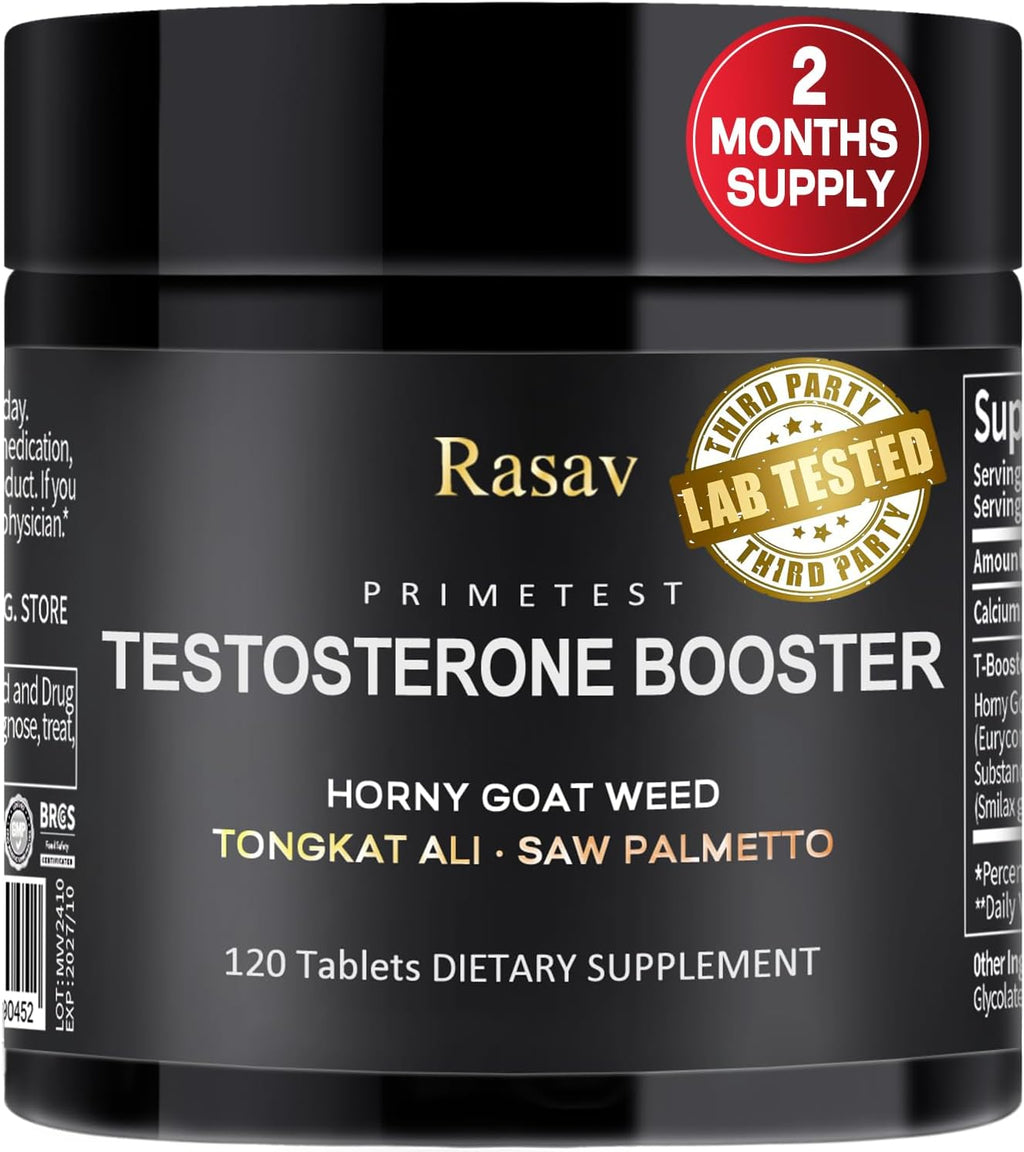 Rasav Horny Goat Weed and Tongkat Ali Supplement for Men, Testosterone Booster Supplement for Men, Male Enhancing Supplements, Supports Muscle Growth, Strength, Energy and Stamina, 120 Tablets