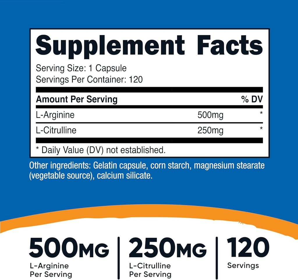 Nutricost L-Arginine L-Citrulline Complex 750mg, 120 Capsules - Non-GMO