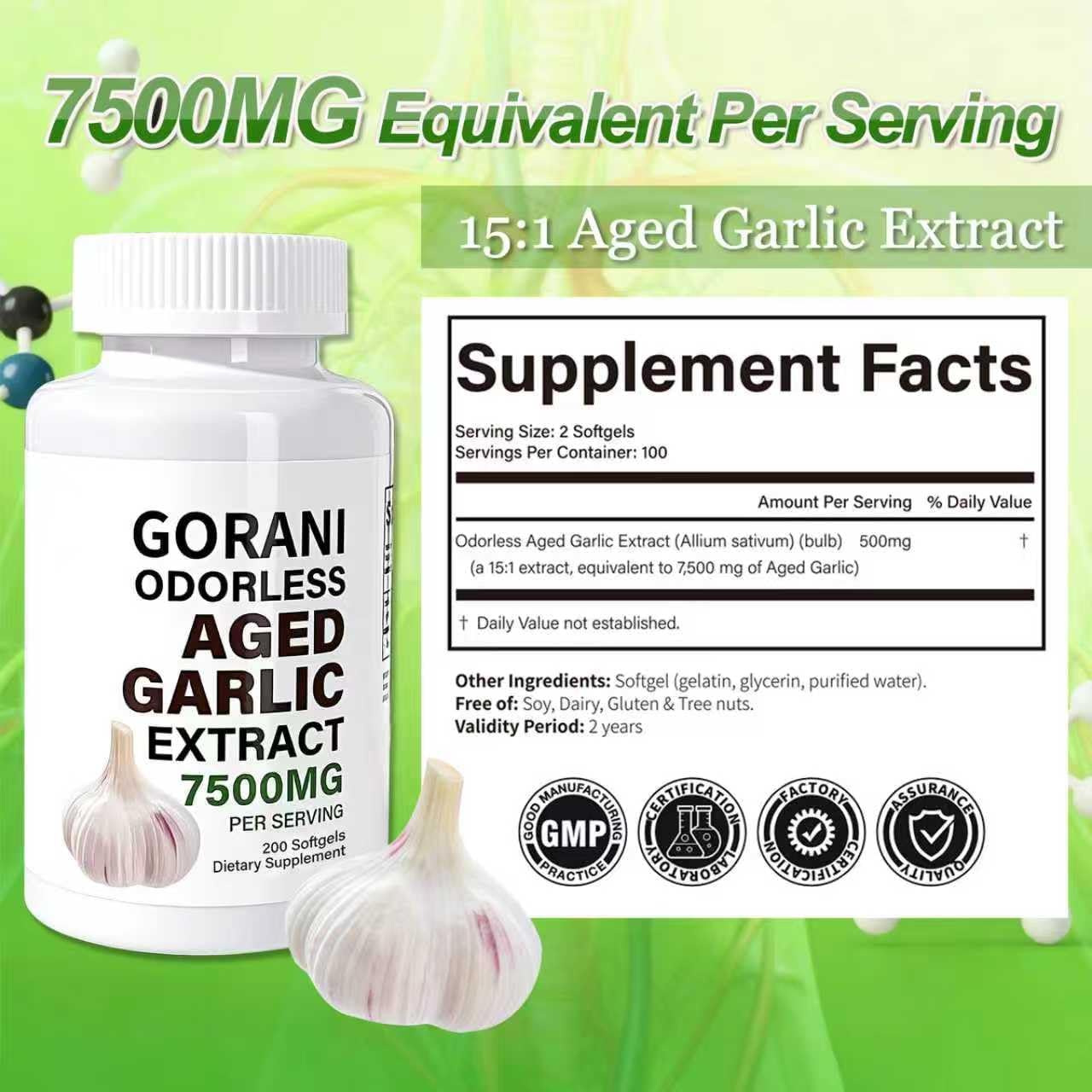 Gorani Odorless Aged Garlic Extract Capsules 7500mg, 200 Softgels, GMP-Certified, Garlic Supplements