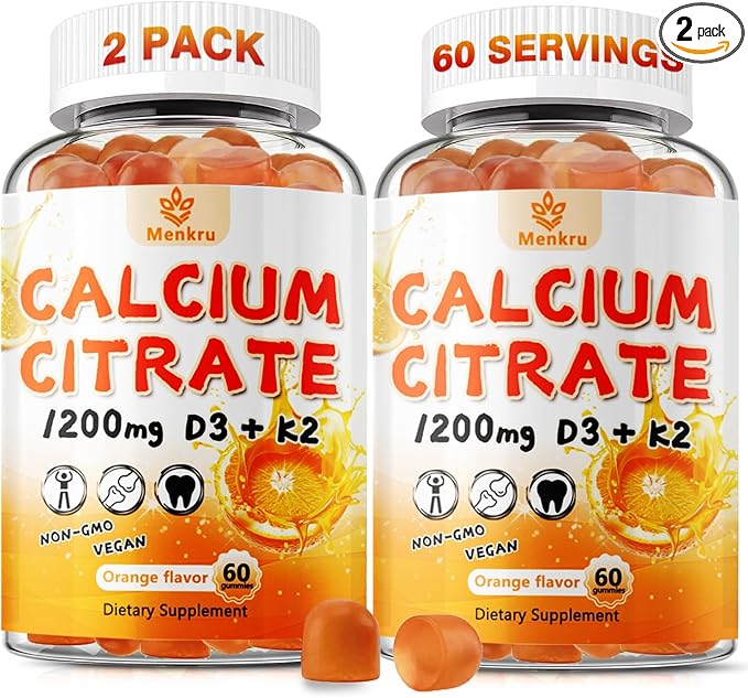 (2 Pack) Calcium Citrate Gummies,Calcium 1200 mg with Vitamin D3 and K2 for Women & Men.Supports Bone Muscle & Teeth - Natural Orange Flavor,120 Gummies- 60 Day Vegan Supply