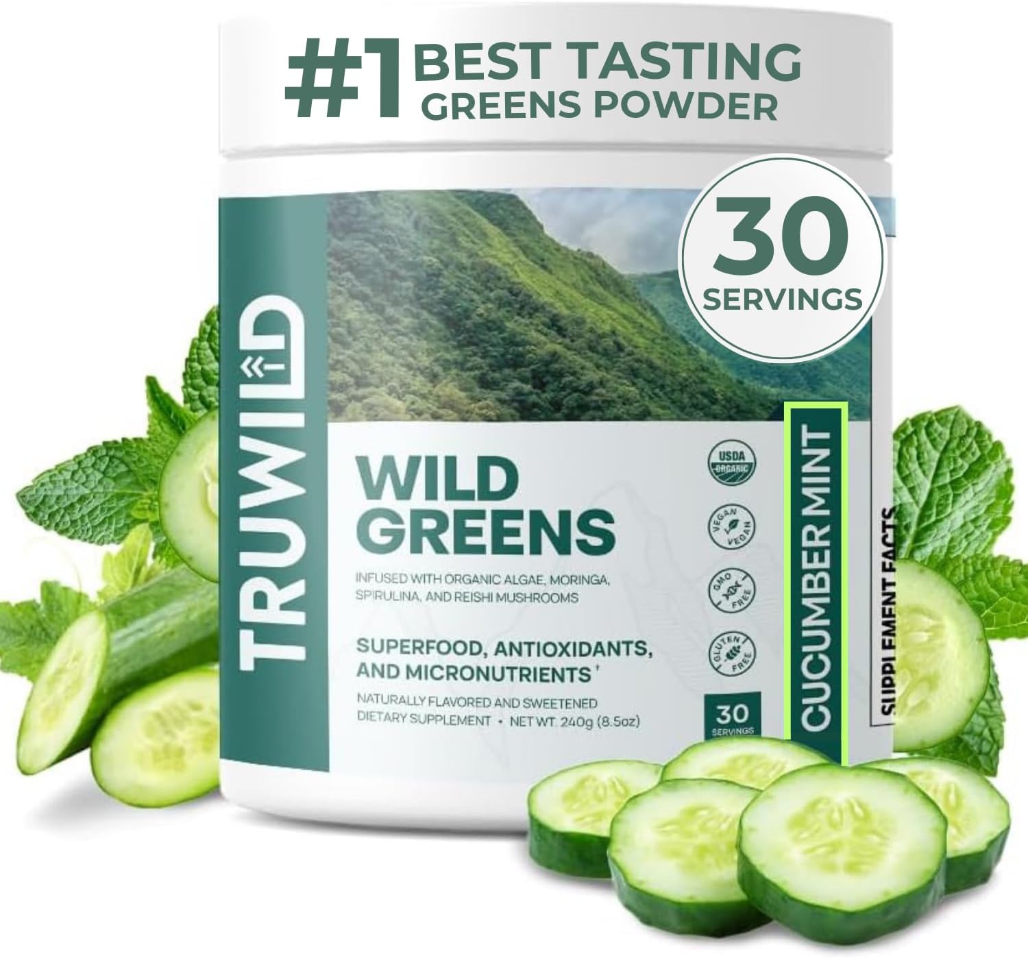 TruWild Greens Superfood Cucumber Powder, with 22+ Greens & Anti-Oxidants, Delicious Green Juice Powder, Natural Immune, Stress, Digestion Support, 30 Servings Per Tub (Cucumber Mint)