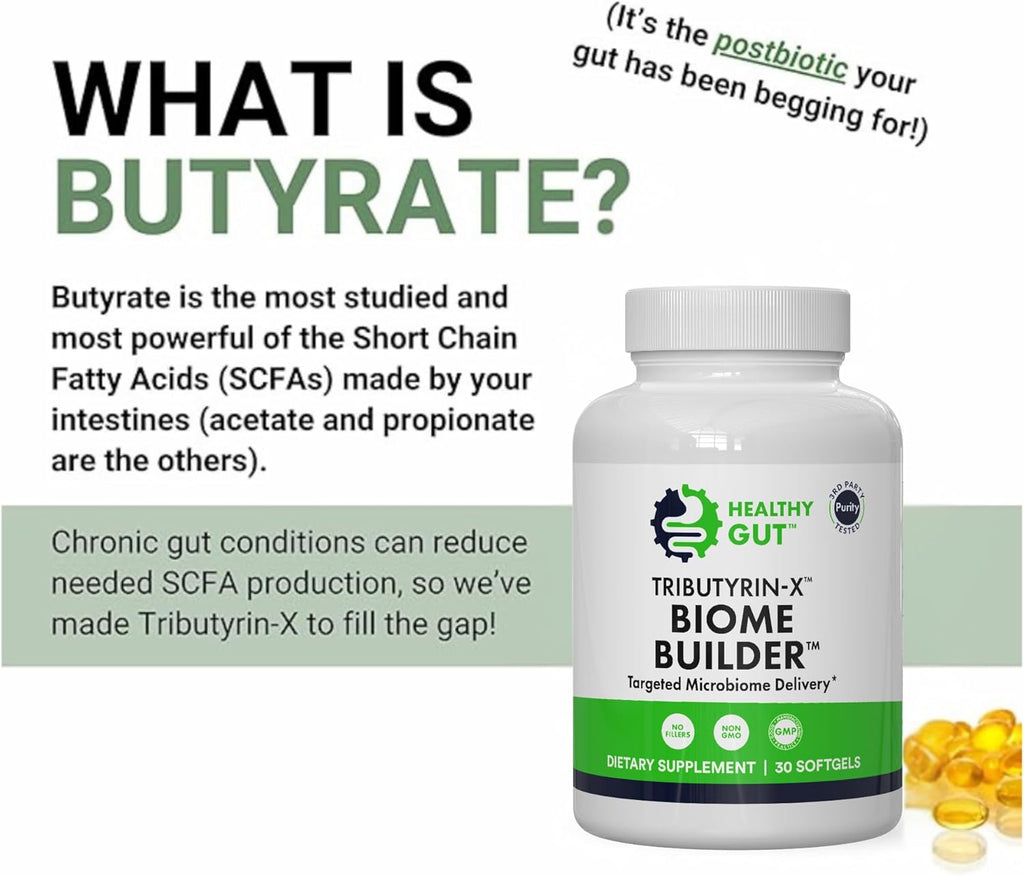Tributyrin-X | Most Bioavailable Butyrate Postbiotic for Gut Health & Leaky Gut Support | 99% Pure w/Zero Odor | 30 Softgels