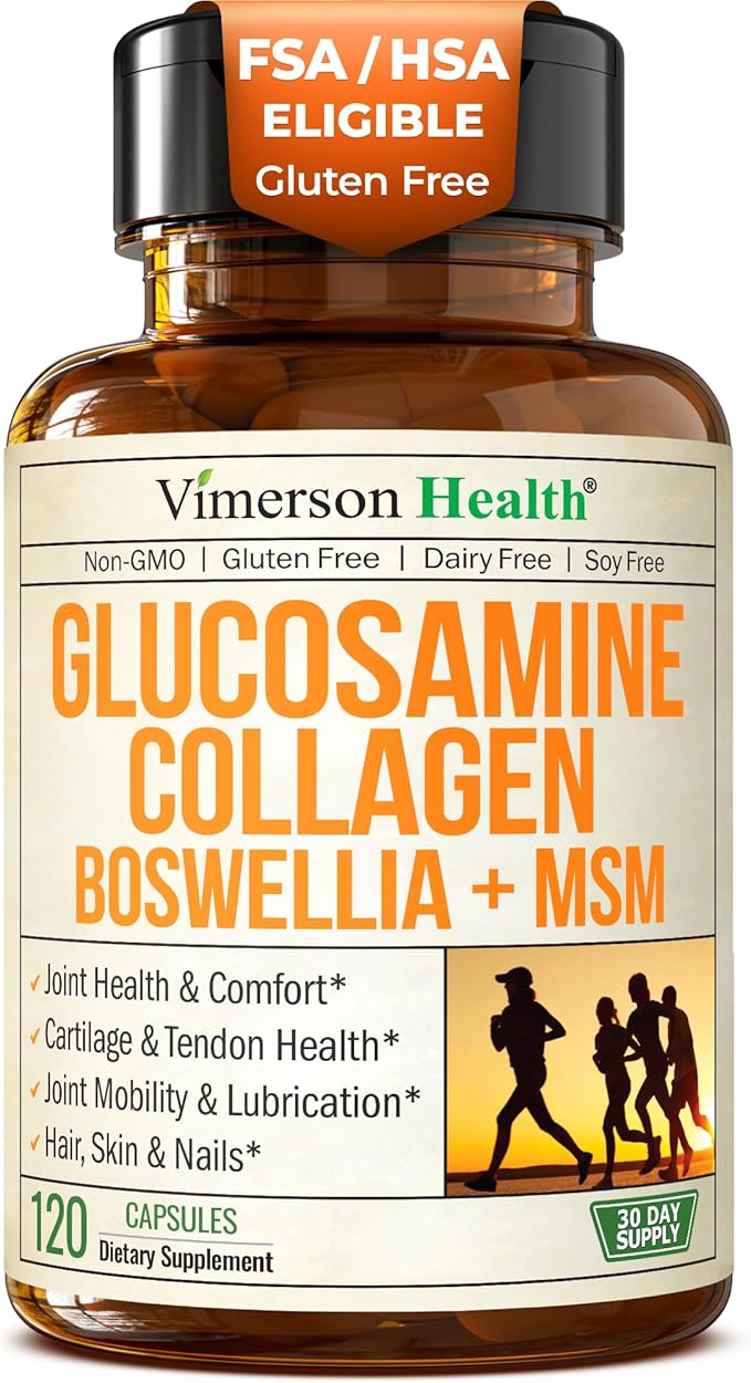 Glucosamine Chondroitin MSM with Hydrolyzed Collagen Peptides - Joint Support Supplement with Quercetin, Bromelain & Boswellia Extract - Collagen pills for Hair Skin Nails - FSA Eligible 120 Caps