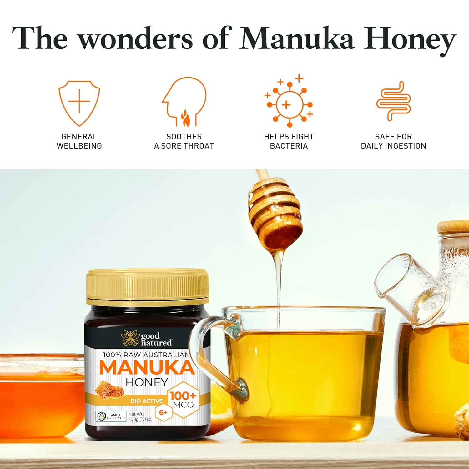Raw Manuka Honey Certified MGO 100+ / 6+ Manuka With Antibacterial Activity - (NPA 6+) 500g (1.1lb) by Good Natured