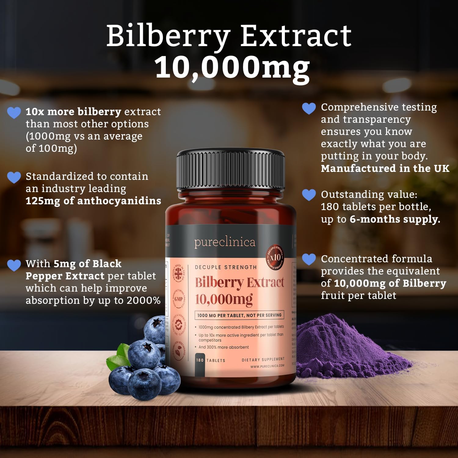 pureclinica Bilberry Extract 10,000mg x 1080 Tablets (6 Bottles of 180) - 10 X More anthocyanidins