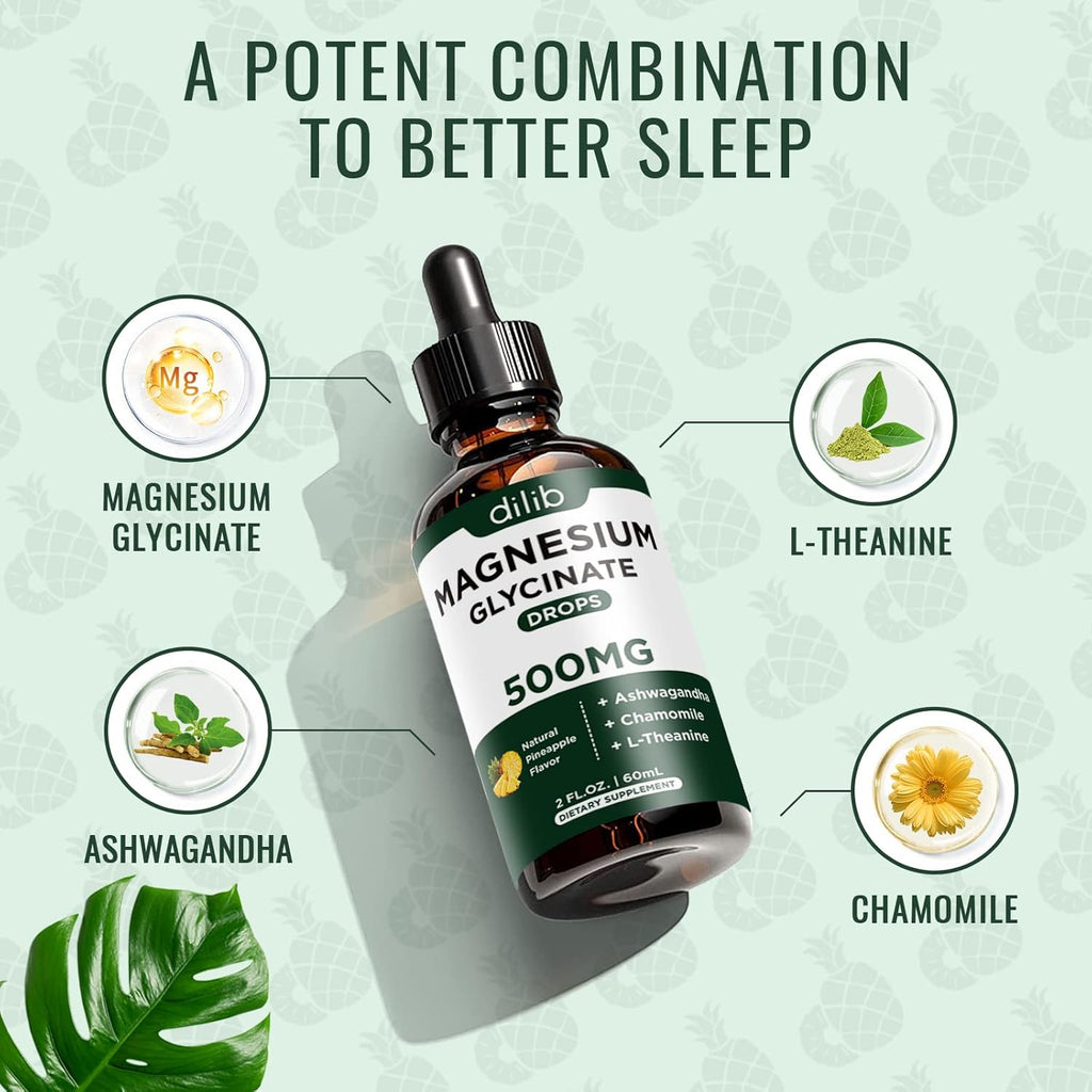 Magnesium Glycinate 500mg - Liquid Magnesium Drops, Ashwagandha, L - Theanine, Chamomile - Calm & Stress Relief, Relaxation, Restful Sleep, Muscle Heart Health, Vegan - 2 Fl Oz (30 Days)