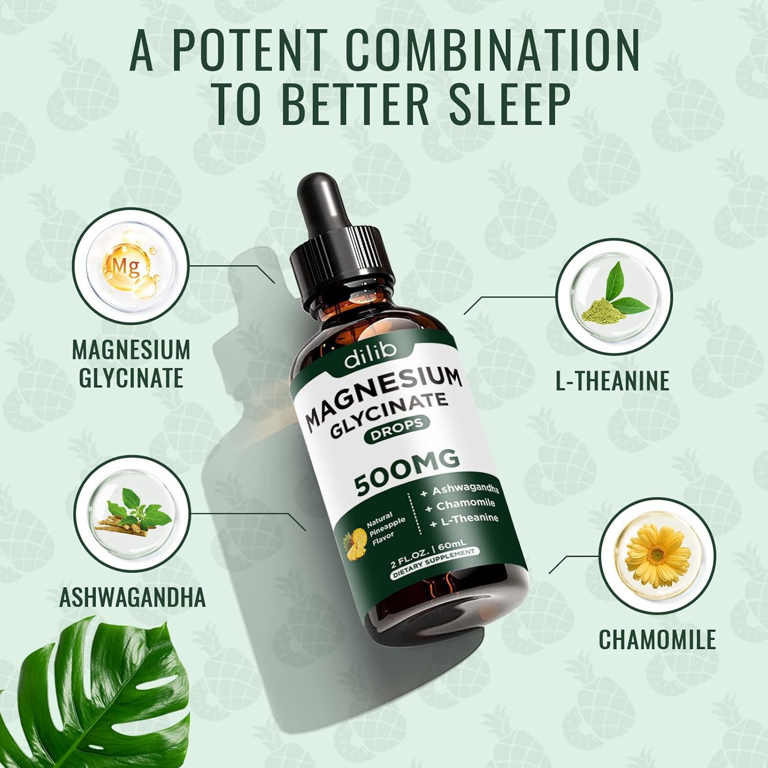Magnesium Glycinate 500mg - Liquid Magnesium Drops, Ashwagandha, L - Theanine, Chamomile - Calm & Stress Relief, Relaxation, Restful Sleep, Muscle Heart Health, Vegan - 2 Fl Oz (30 Days)