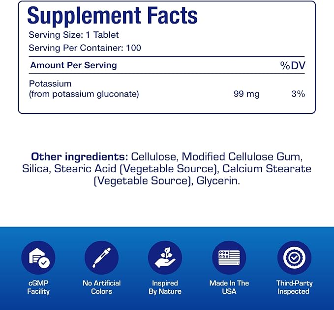 Chelated Potassium Gluconate Supplement - Clinical High Absorption Potassium Supplement for Fluid Balance Kidney Heart Muscle and Nerve Support - Vegan Non-GMO & Made in The USA - 100 Servings