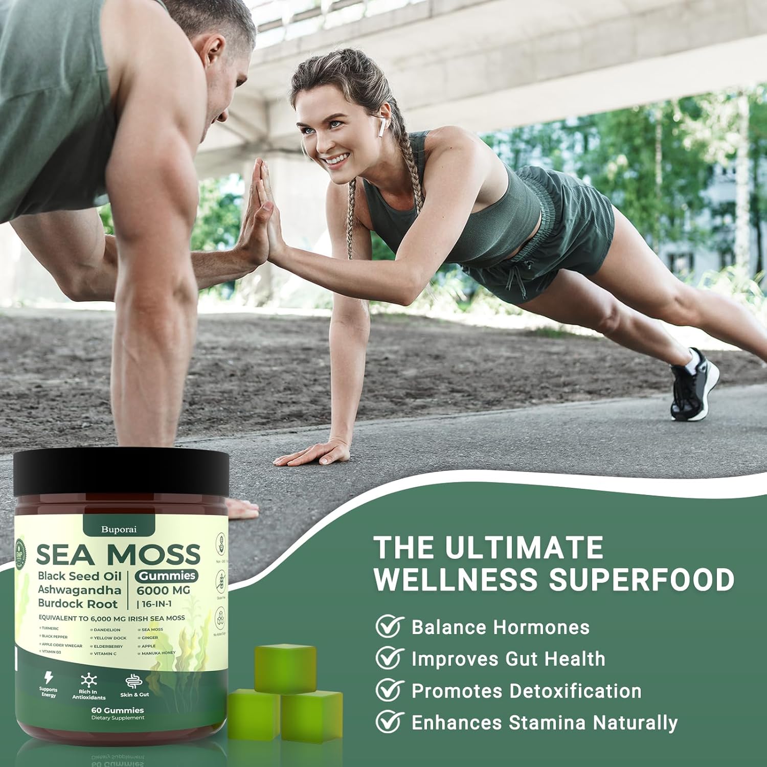 Sea Moss Gummies 16-1, Black Seed Oil Ashwagandha Turmeric Bladder Wrack Vitamin C Vitamin D3 Elderberry Manuka Dandelion Yellow Dock Apple Cider Vinegar for Men & Women