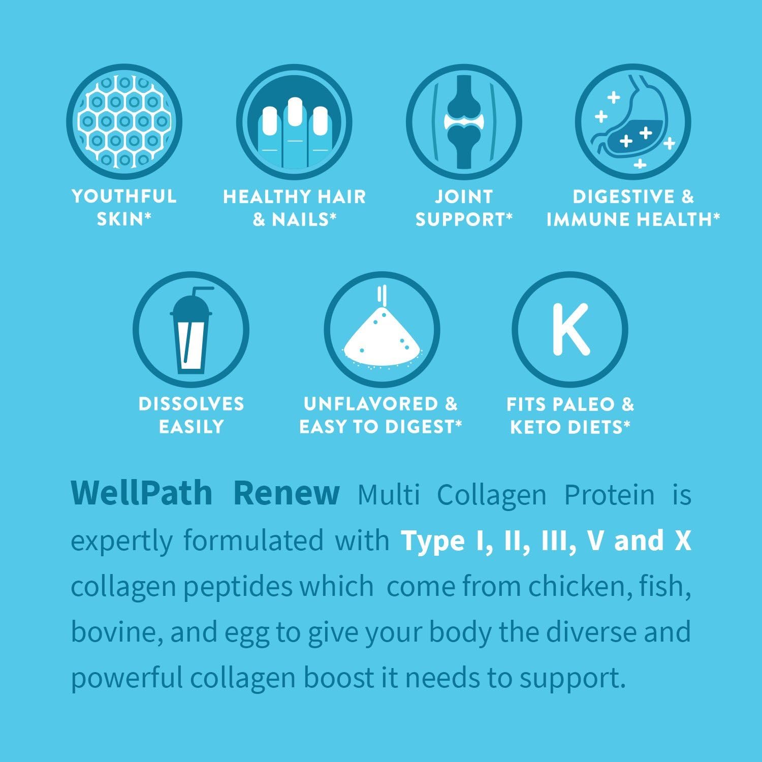 WellPath Multi Collagen Peptides Powder for Women | Renew Multi Collagen Protein for Hair, Nails, Skin | Hydrolyzed Bovine, Marine, & Chicken Sources | Types I, II, III, V, X | 11 oz | 40 Servings