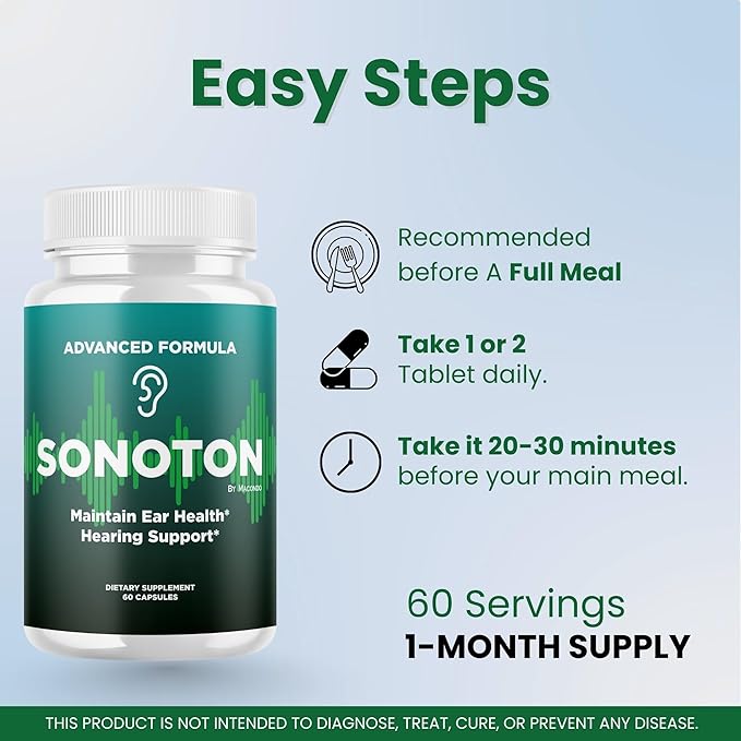 Sonoton Capsules - Official Ear Health Support Pills Premium Advanced Formula All Natural Supplement Multivitamin for Overall Ear & Hearing Wellness, 60 Capsules for 1 Month
