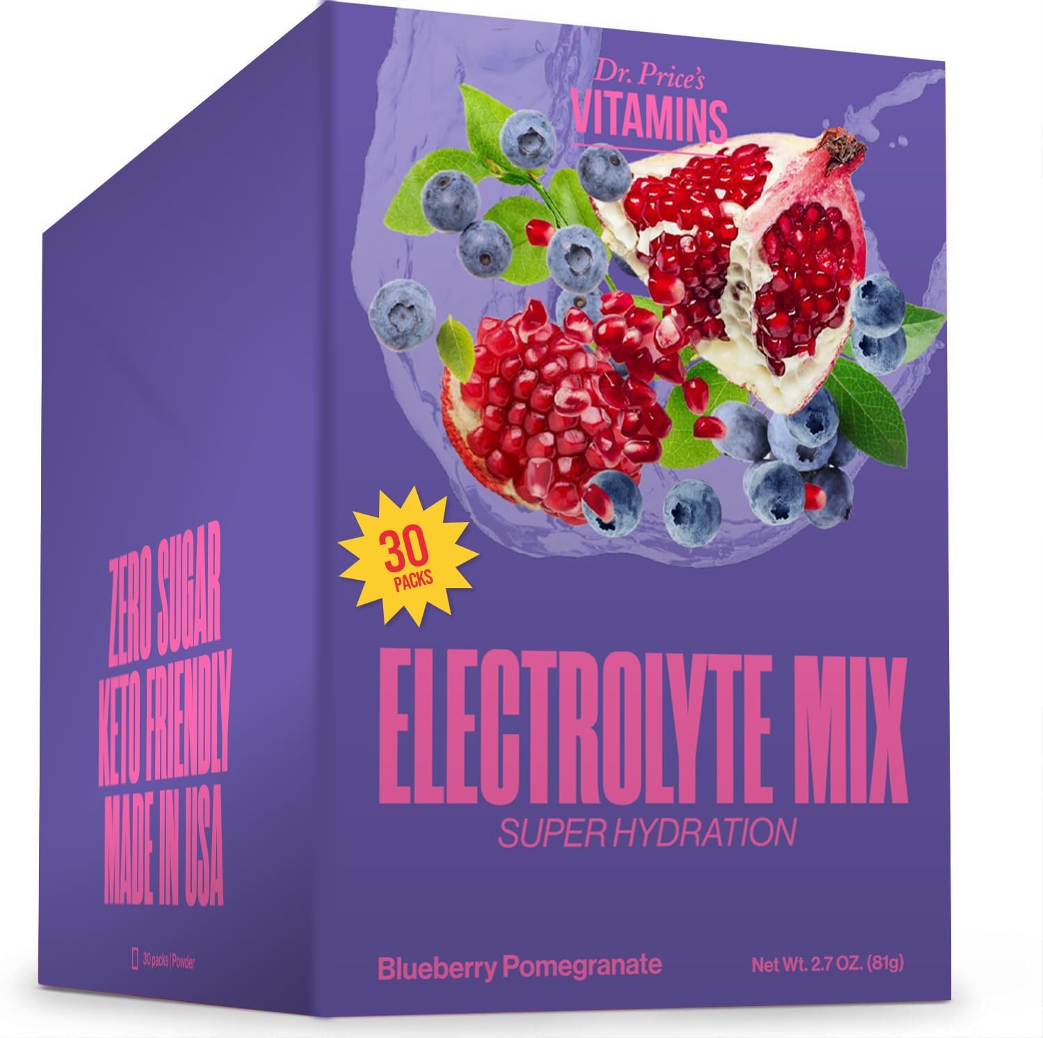 Dr. Price’s Electrolyte Mix | Sugar-Free Hydration Powder with 72+ Trace Minerals | No Sugar, Fast-Dissolving Electrolytes Powder Packets | Blueberry-Pomegranate (30 Packs)